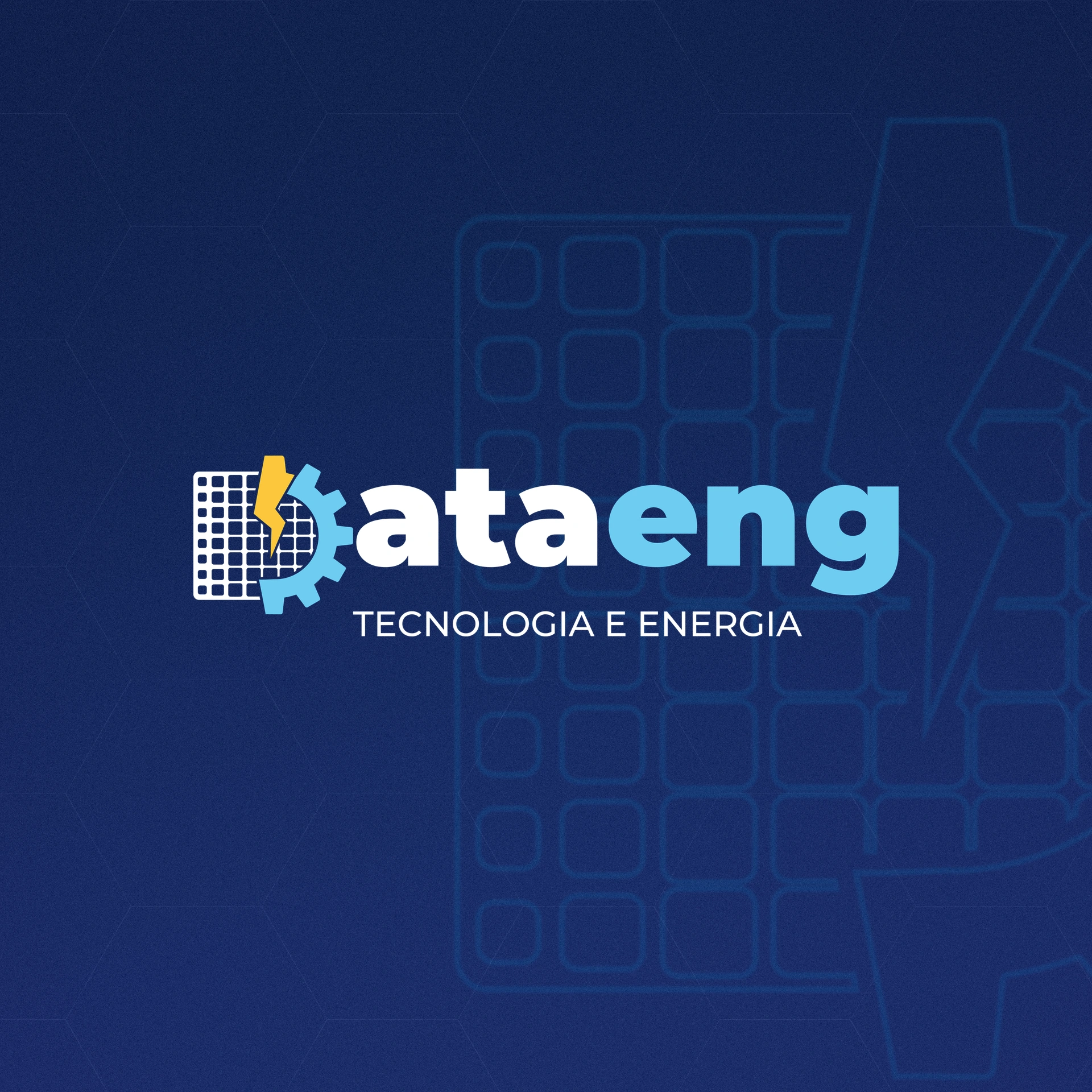 Logotipo horizontal da Dataeng sobre fundo azul-marinho: símbolo de painel solar, engrenagem e raio, com a palavra Dataeng e o descritor Tecnologia e Energia