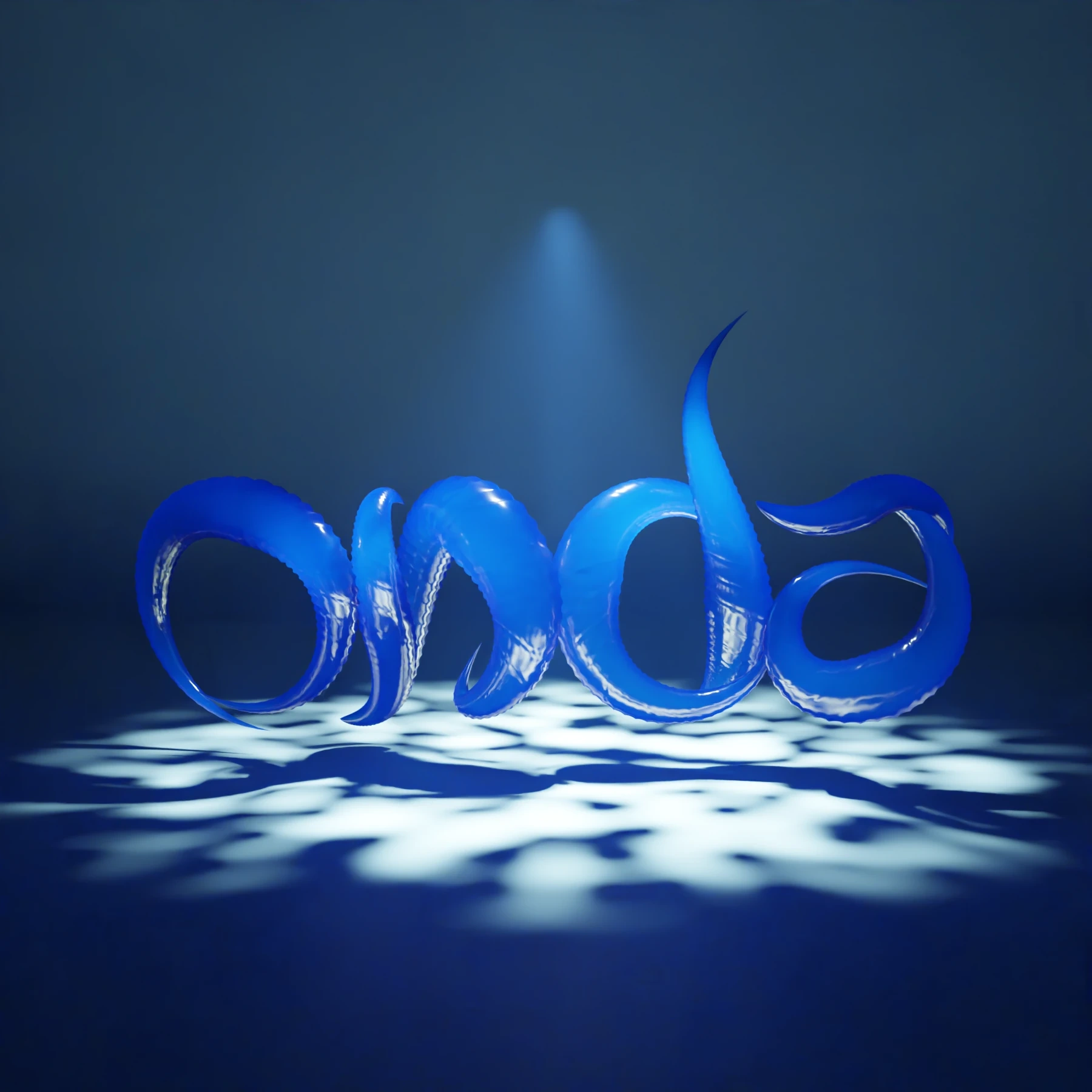Blue glass letters spelling "onda" in tall curves, over a dark blue floor with pale patches of light; a spotlight from above lights the dim space.