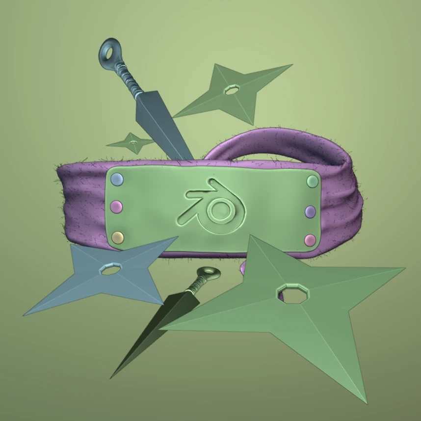 A mesma cena no viewport do Blender, com cada objeto em uma cor lisa: faixa lilás, placa e shurikens em verdes e azuis, sobre fundo verde-claro.