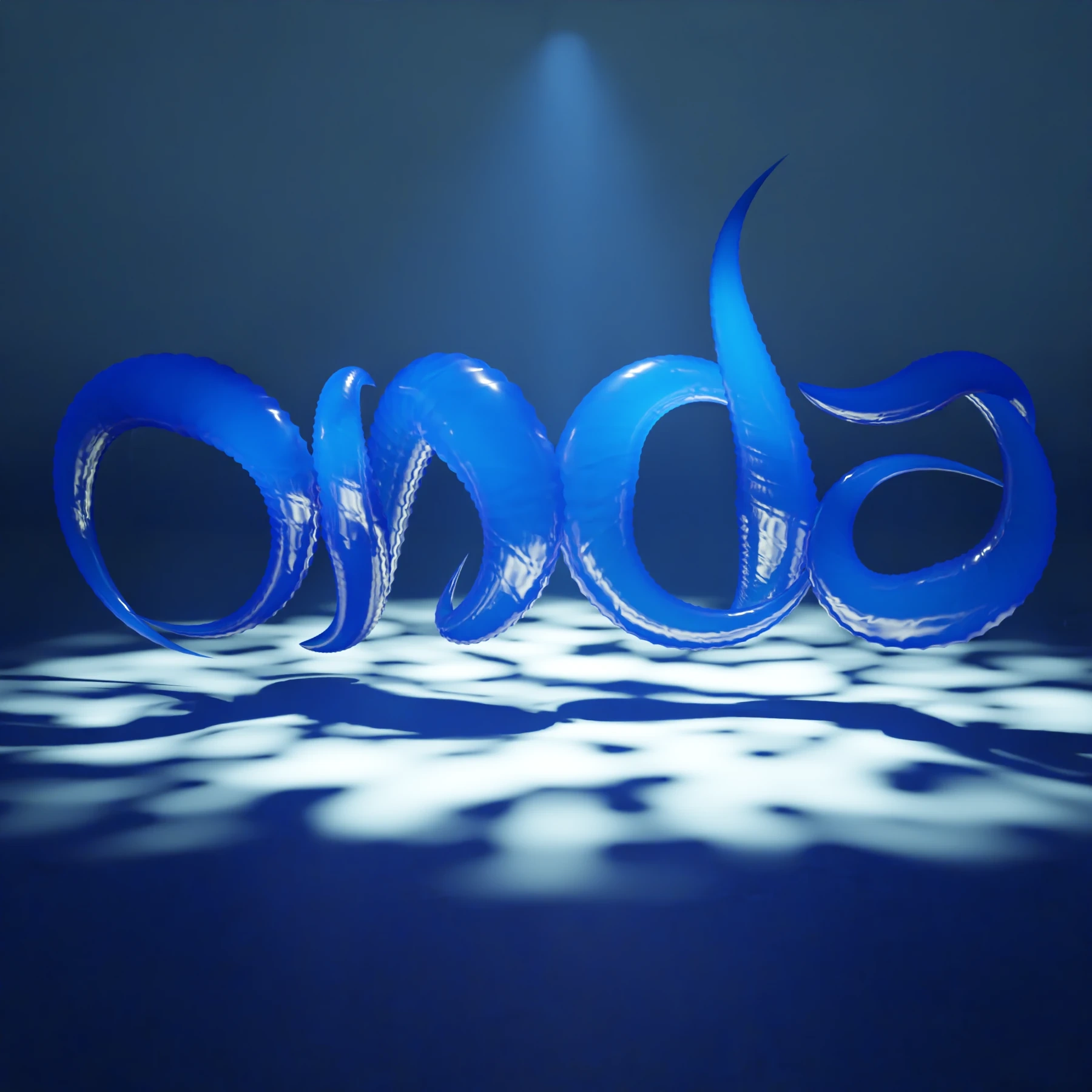 A closer view of the blue glass letters of "onda", with thin white reflections on the curves and pale, irregular-edged patches of light on the floor.