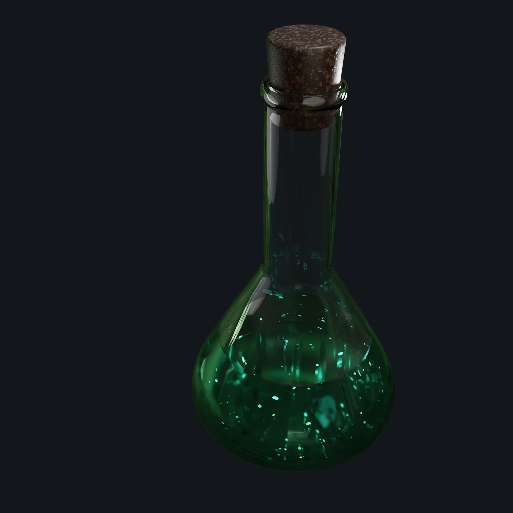 A glass flask with green liquid in the bowl, glints of light suspended inside and a dark cork stopper in the neck, against a graphite background.
