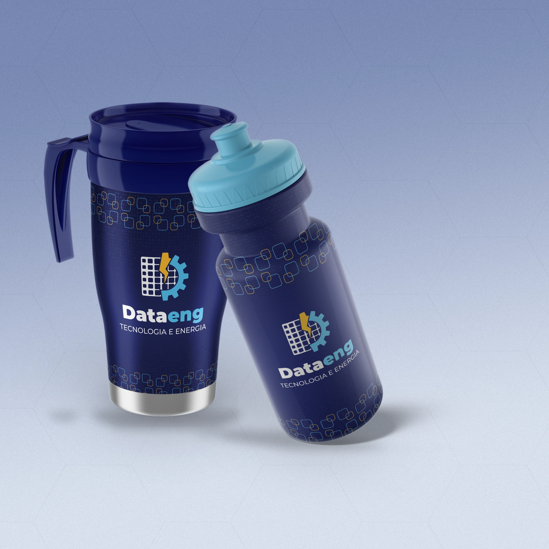 Copo térmico marinho e squeeze azul com a logo Dataeng