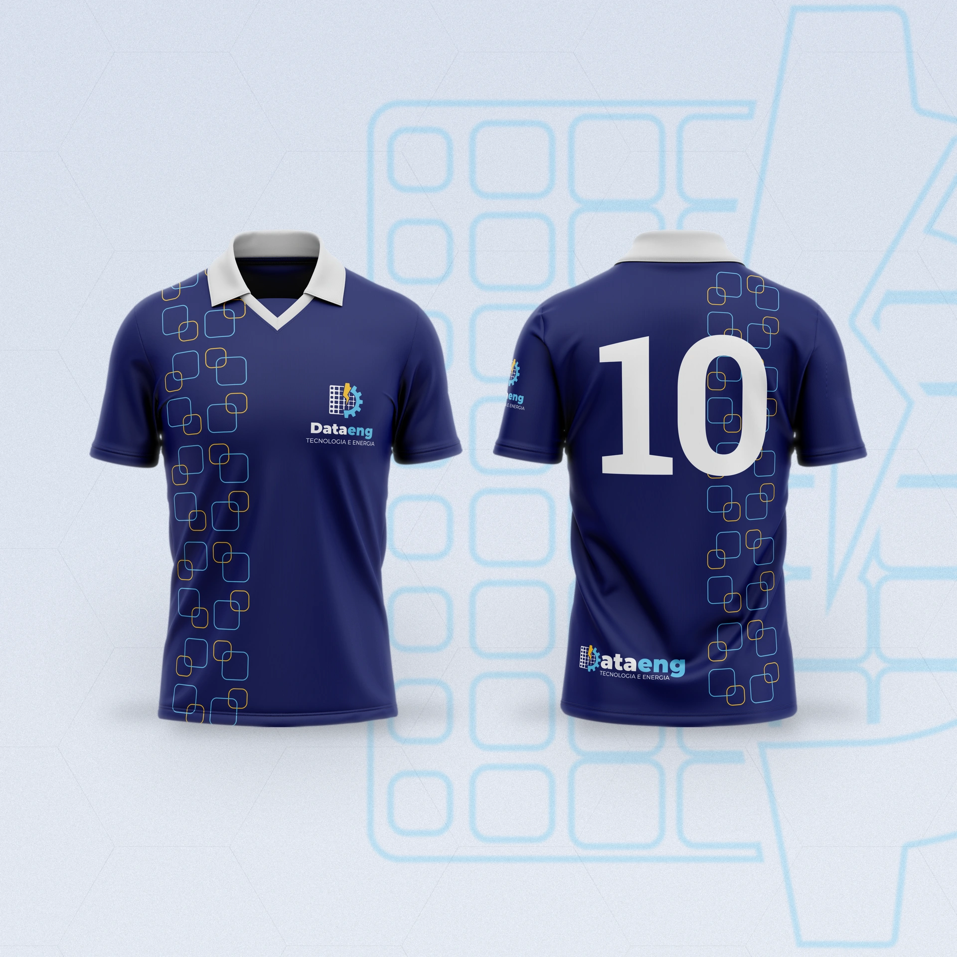 Camisa marinho de gola branca, frente e costas, com o padrão de quadrados e a logo