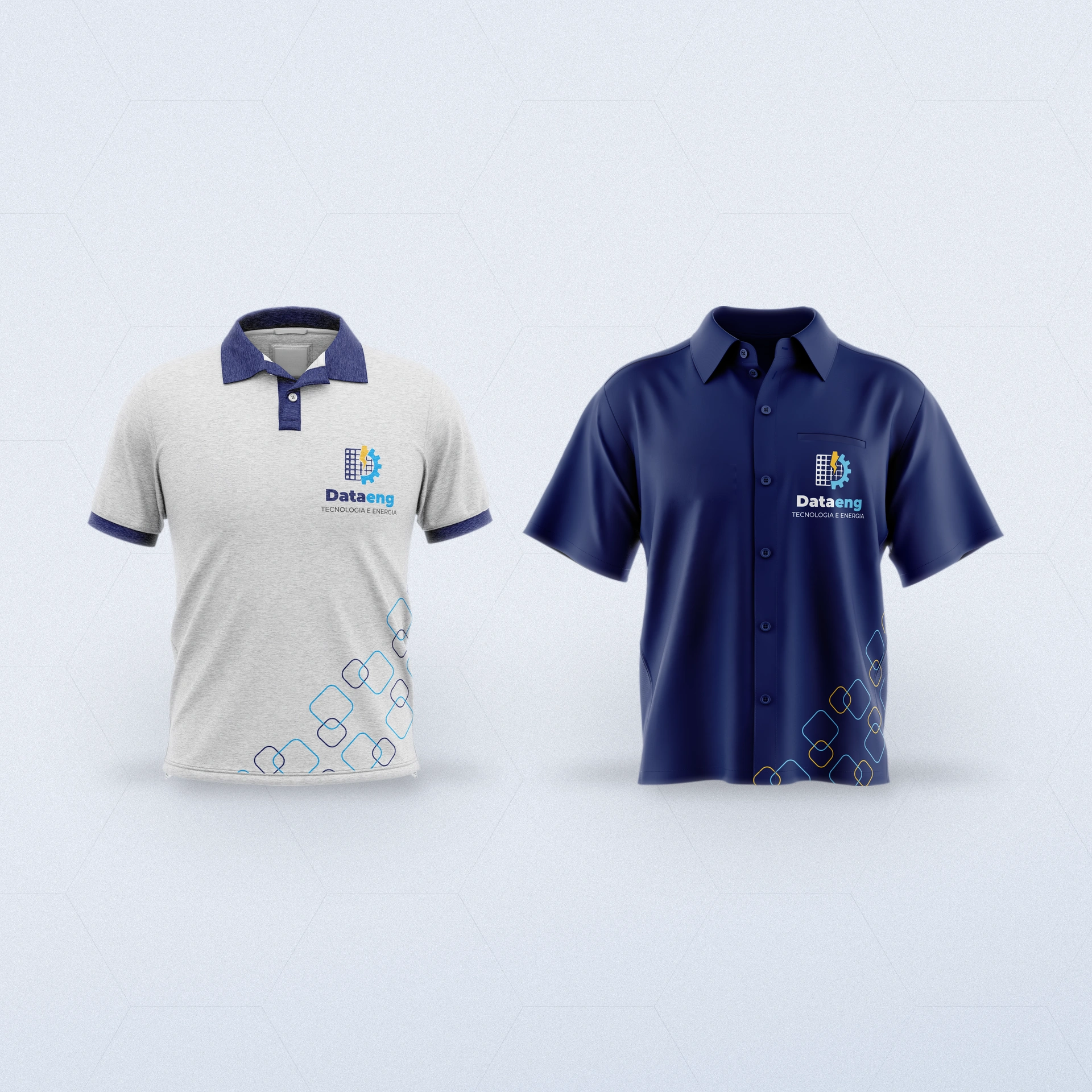 Polo cinza-claro e camisa social marinho com a logo Dataeng no peito