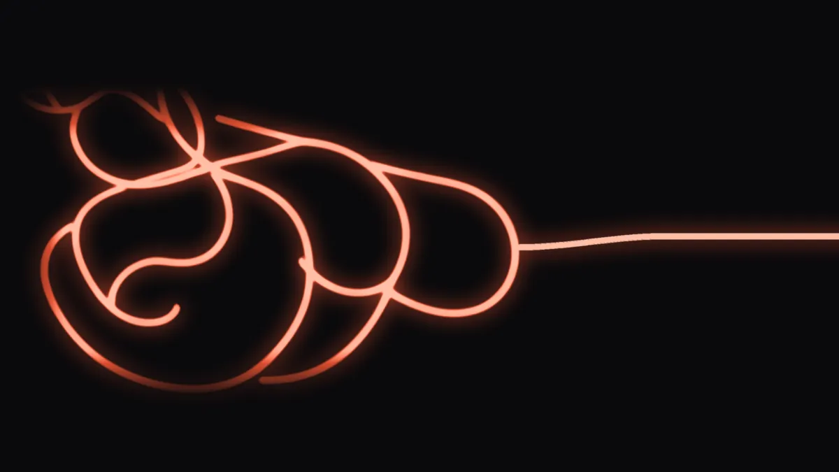 Coral line of light tangled in knots on the left that unravels into a calm straight line on the right: chaos turning into clarity