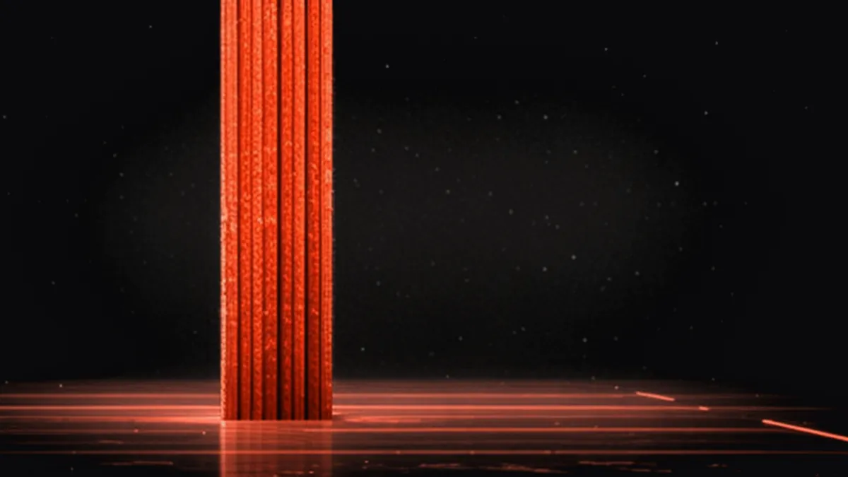 Coral light pillar standing upright over a dark floor of horizontal lines: the vertical format taking center stage
